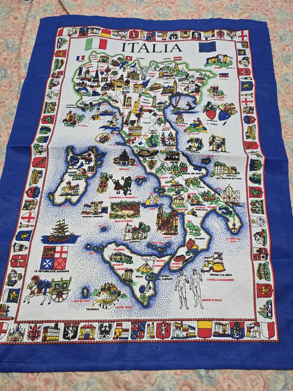 Italia Map Decorative Tea Towel - Blue Border
